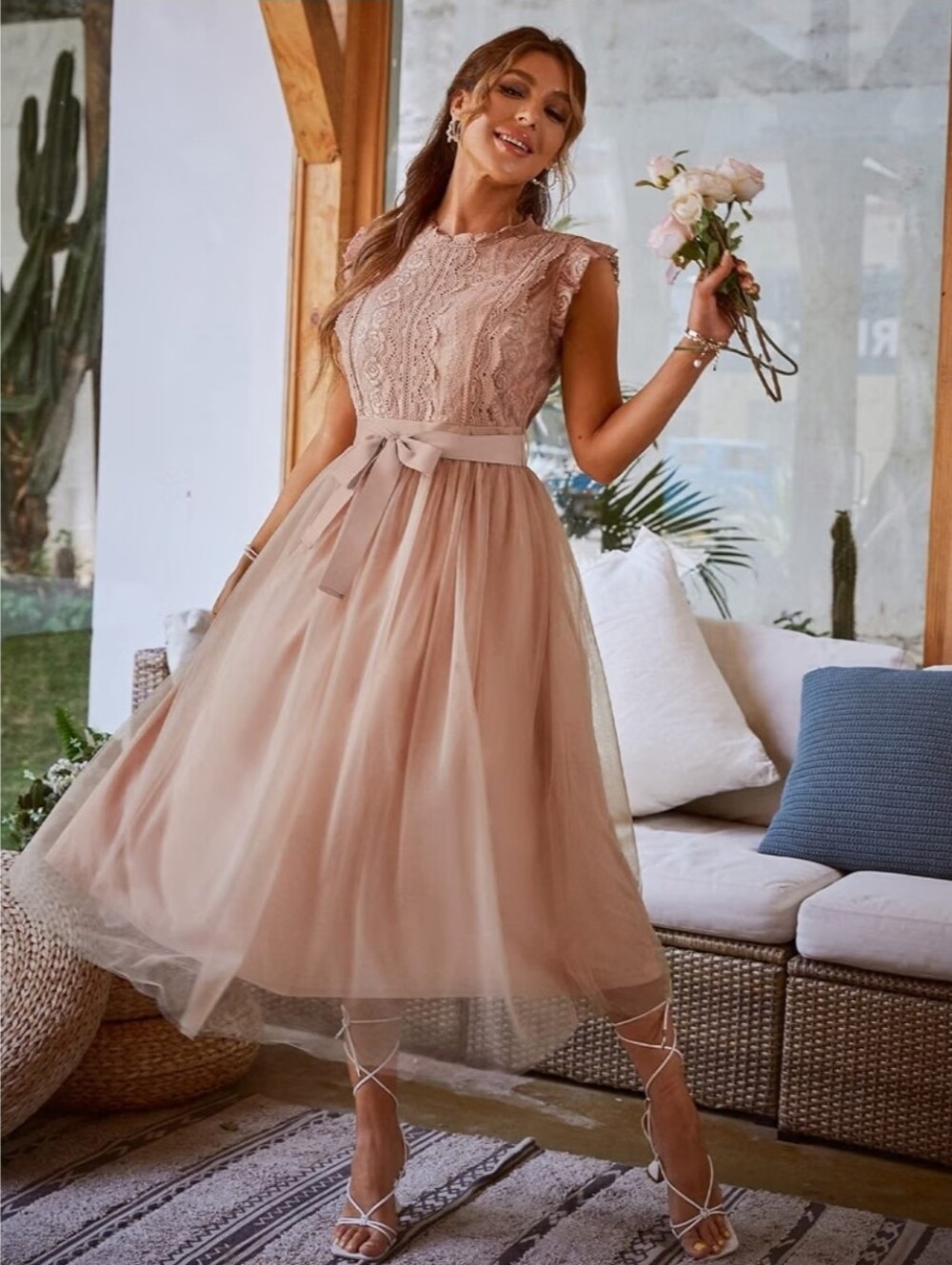 Simplee Women's Contrast Lace Blush Pink Belted Mesh Dress Size L - Picture 4 of 5
